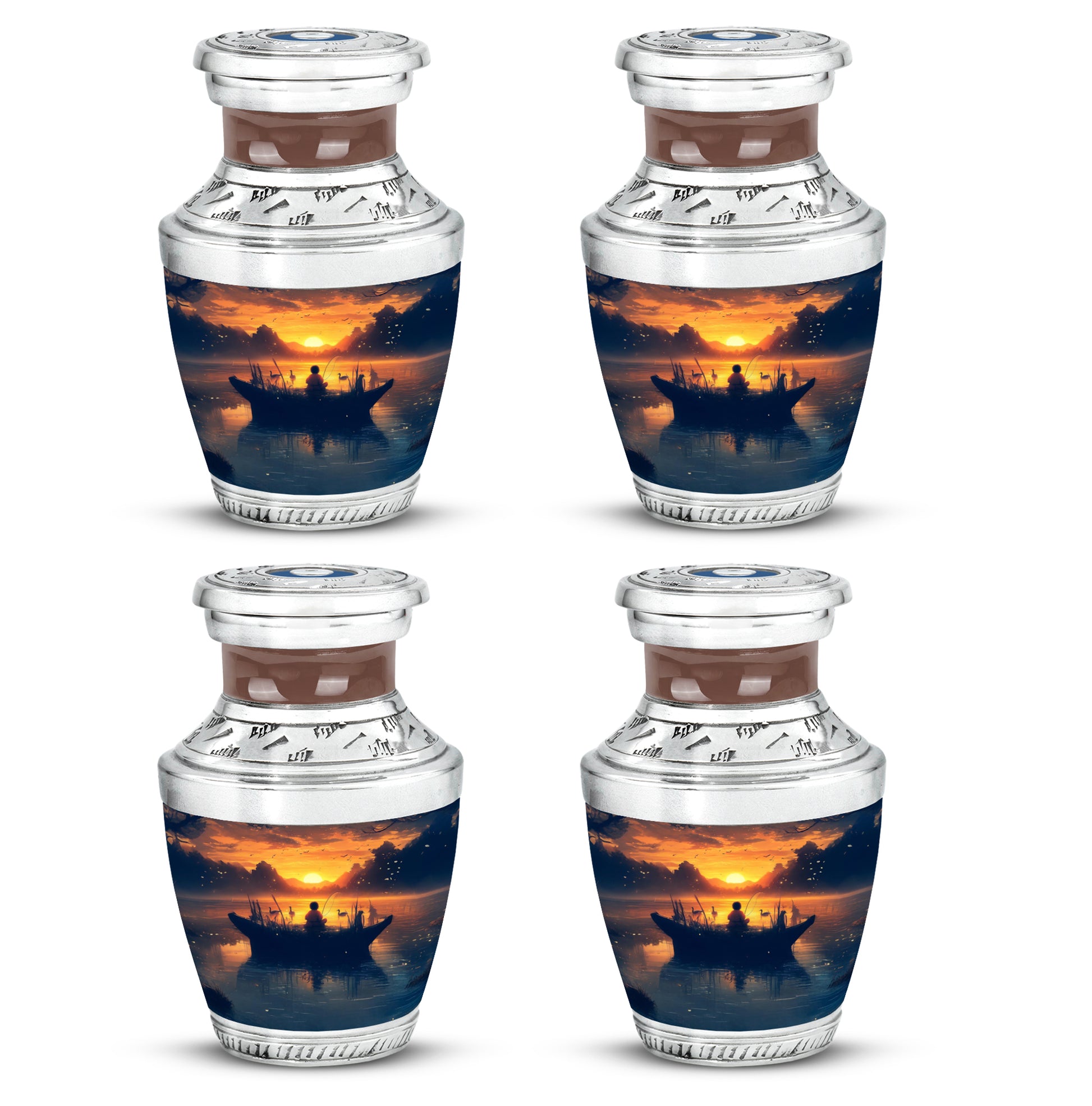 Burnished Gold Fishing Cremation Urn back view with polished surface - artistic fishing interpretation with creative detail - 10 inch aluminum urn for cremated remains
