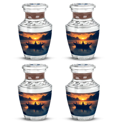 Burnished Gold Fishing Cremation Urn back view with polished surface - artistic fishing interpretation with creative detail - 10 inch aluminum urn for cremated remains