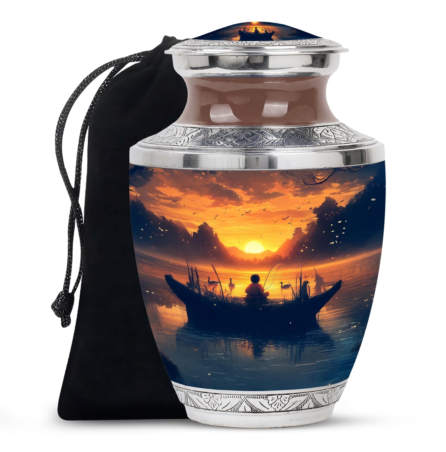 Champagne Gold Fishing Cremation Urn side profile showing urn shape - modern art-inspired fishing motif on sleek aluminum - full-size 10 inch 200 cubic inch adult cremation urn