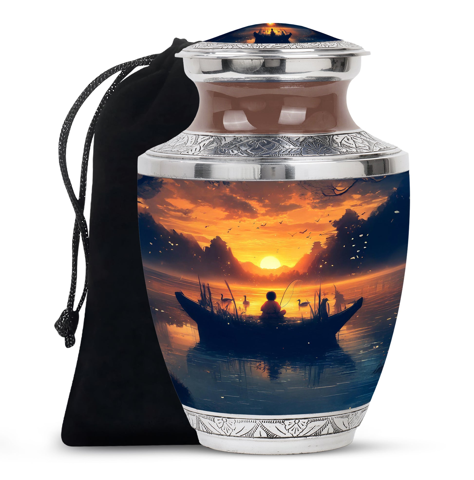 Champagne Gold Fishing Cremation Urn side profile showing urn shape - modern art-inspired fishing motif on sleek aluminum - full-size 10 inch 200 cubic inch adult cremation urn
