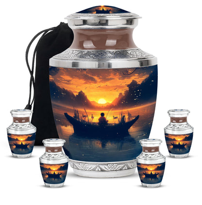 Royal Gold Fishing Cremation Urn lifestyle display on memorial shelf - artistic fishing interpretation with creative detail - memorial set with one large and four small urns