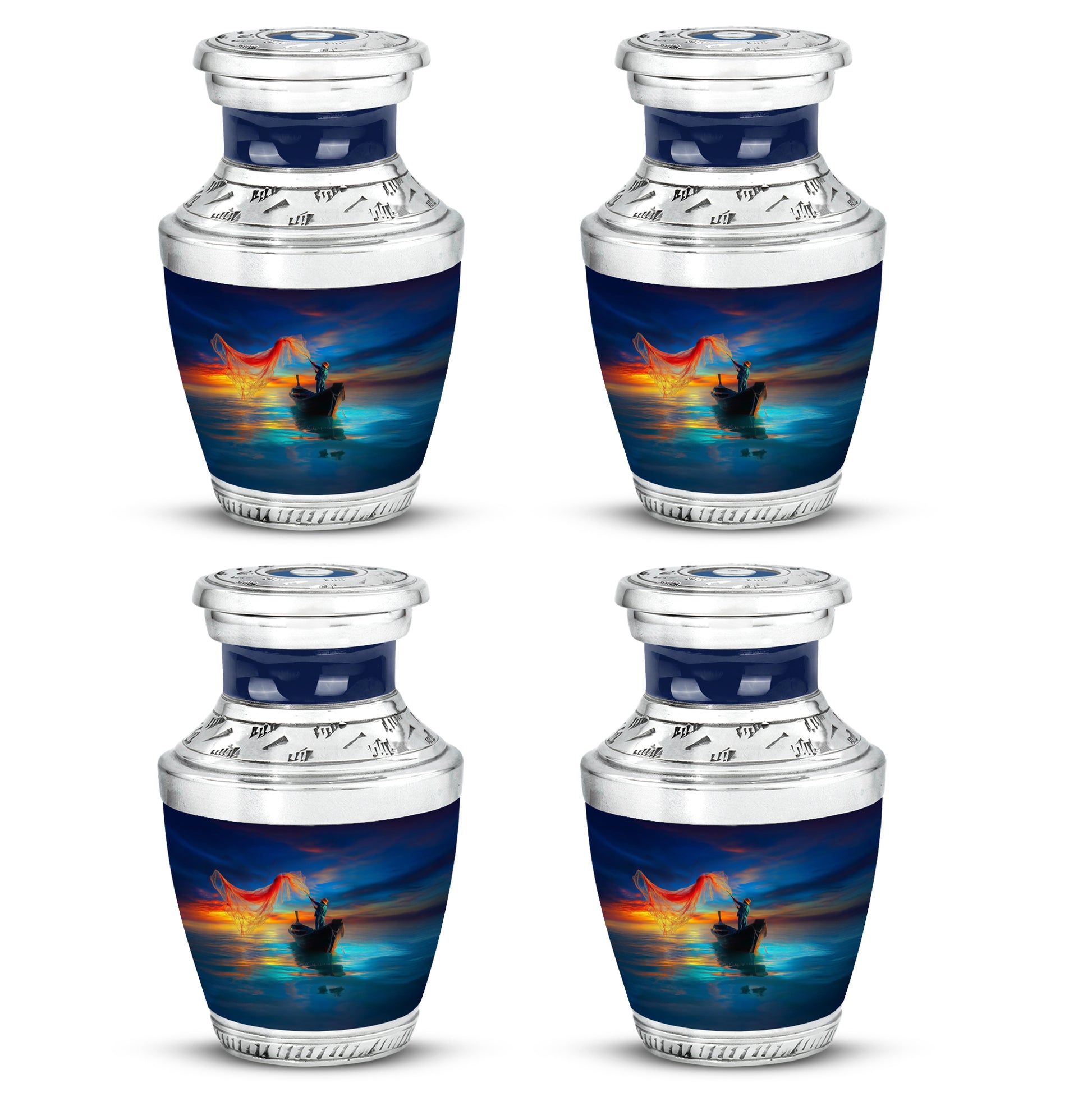 Powder Blue Fishing Cremation Urn back view with polished surface - modern art-inspired fishing motif on sleek aluminum - 10 inch aluminum urn for cremated remains