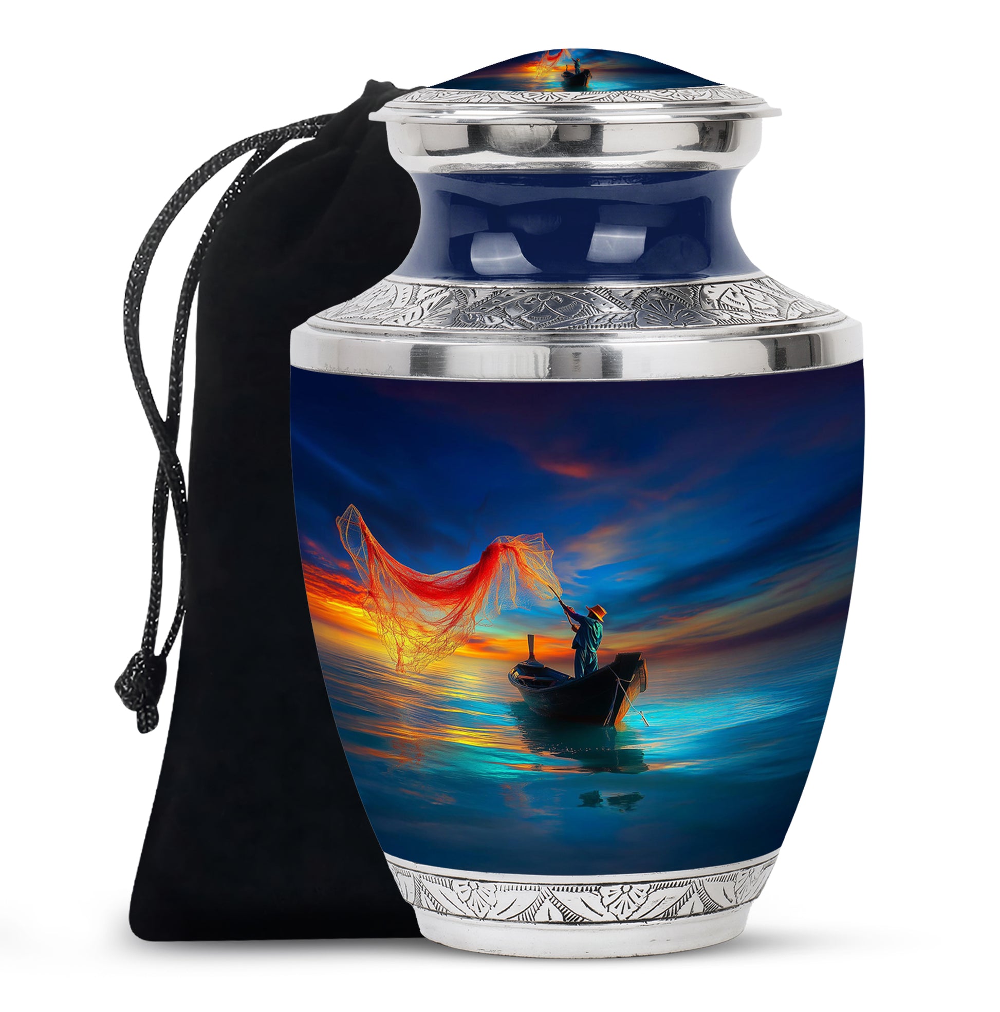 Royal Blue Fishing Cremation Urn side profile showing urn shape - stylized abstract fishing pattern with bold lines - full-size 10 inch 200 cubic inch adult cremation urn