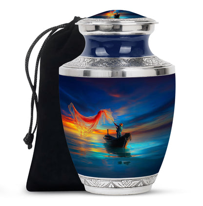 Royal Blue Fishing Cremation Urn side profile showing urn shape - stylized abstract fishing pattern with bold lines - full-size 10 inch 200 cubic inch adult cremation urn