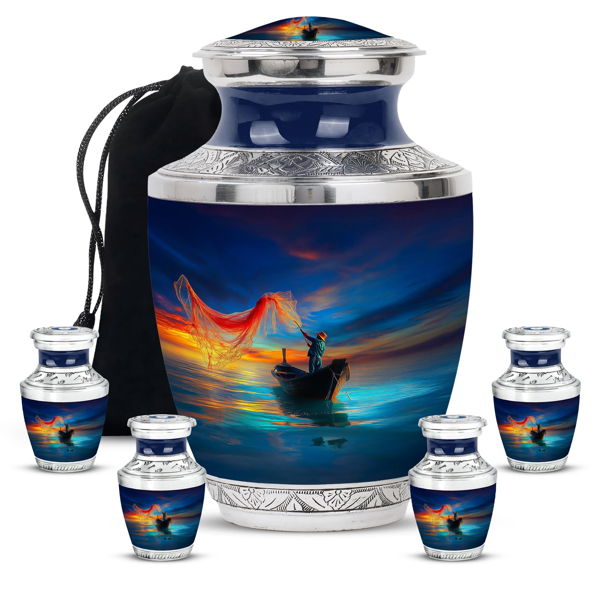 Azure Fishing Cremation Urn lifestyle display on memorial shelf - modern art-inspired fishing motif on sleek aluminum - memorial set with one large and four small urns