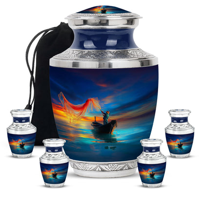 Azure Fishing Cremation Urn lifestyle display on memorial shelf - modern art-inspired fishing motif on sleek aluminum - memorial set with one large and four small urns