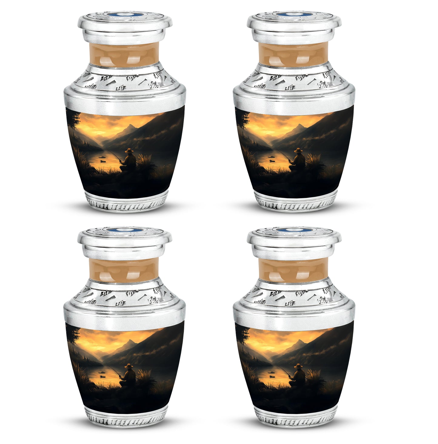 Royal Gold Fishing Cremation Urn back view with polished surface - artistic fishing interpretation with creative detail - 10 inch aluminum urn for cremated remains