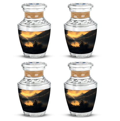 Royal Gold Fishing Cremation Urn back view with polished surface - artistic fishing interpretation with creative detail - 10 inch aluminum urn for cremated remains