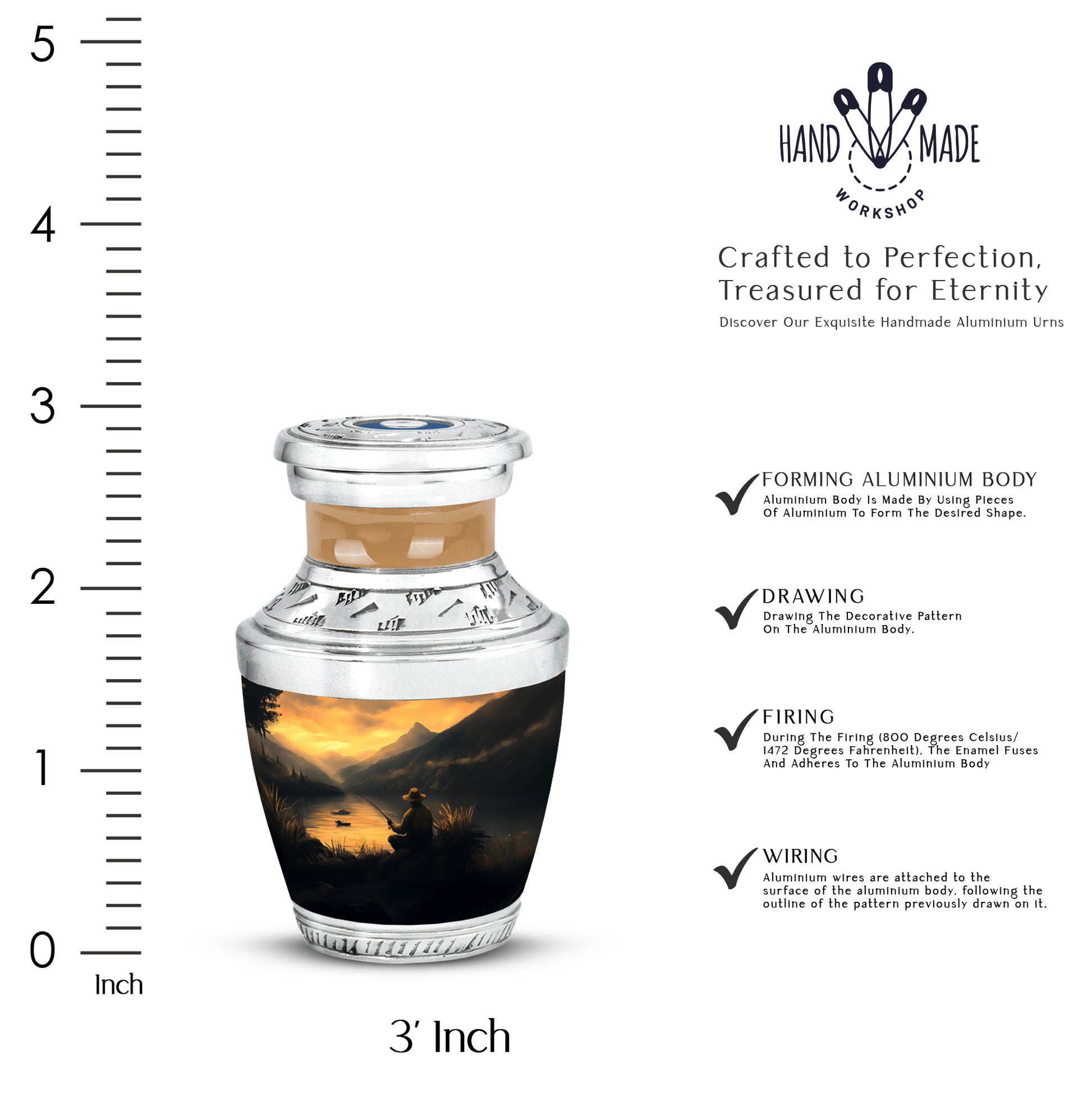 Gilded Gold Fishing Cremation Urn top-down view of secure threaded lid - modern art-inspired fishing motif on sleek aluminum - mini keepsake memorial for portion of cremation ashes