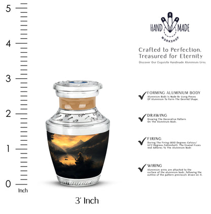 Gilded Gold Fishing Cremation Urn top-down view of secure threaded lid - modern art-inspired fishing motif on sleek aluminum - mini keepsake memorial for portion of cremation ashes