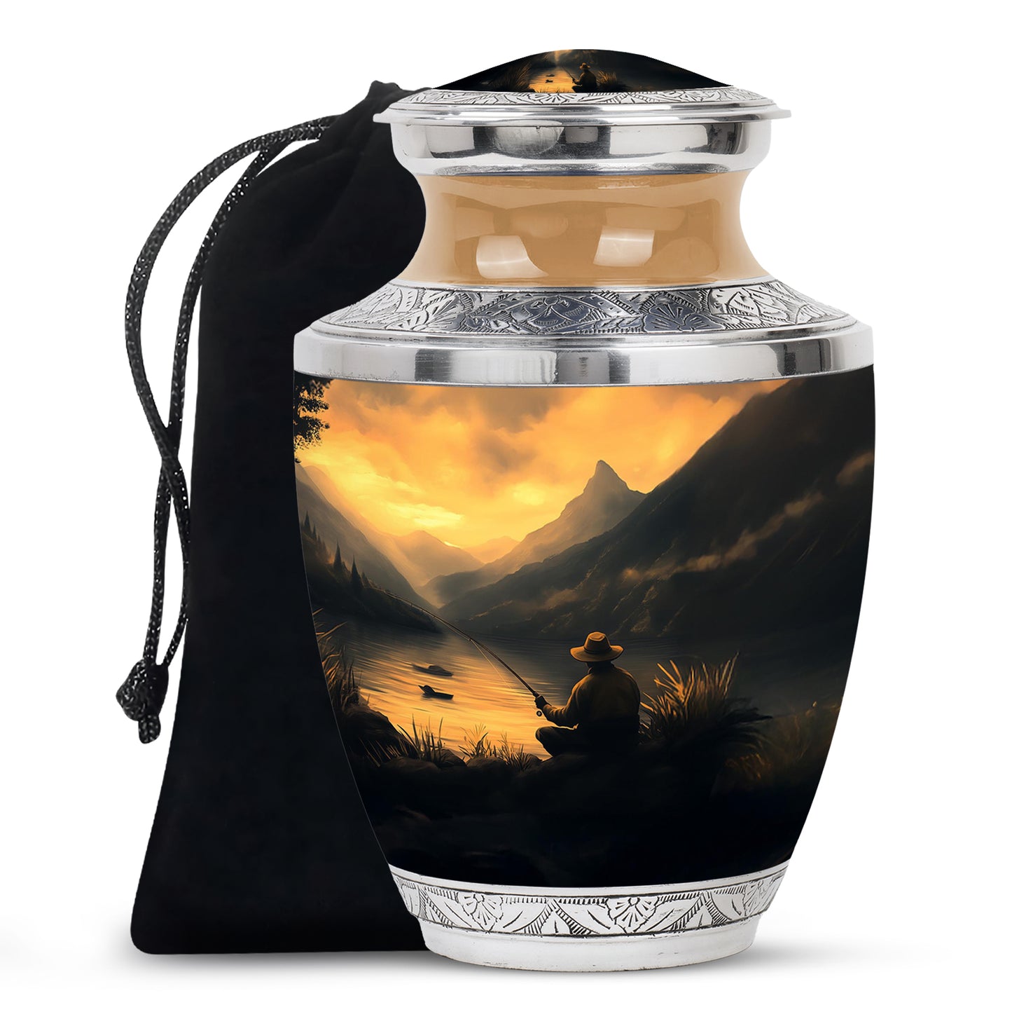 Burnished Gold Fishing Cremation Urn side profile showing urn shape - stylized abstract fishing pattern with bold lines - full-size 10 inch 200 cubic inch adult cremation urn
