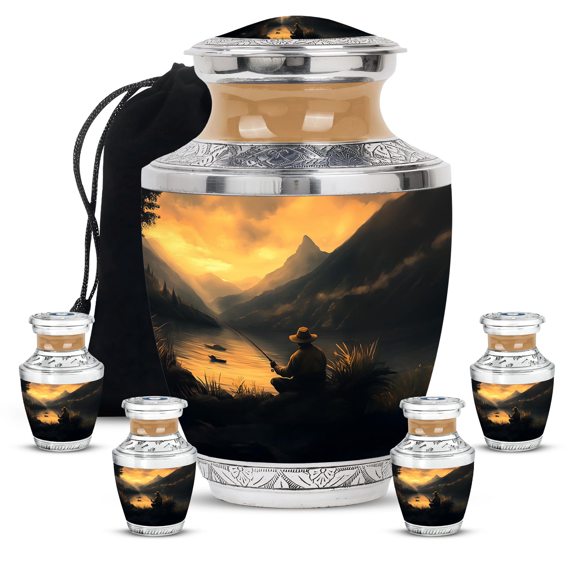 Harvest Gold Fishing Cremation Urn lifestyle display on memorial shelf - stylized abstract fishing pattern with bold lines - memorial set with one large and four small urns