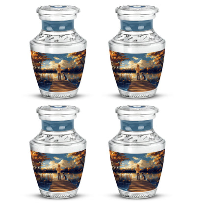 Royal Blue Fishing Cremation Urn back view with polished surface - stylized abstract fishing pattern with bold lines - 10 inch aluminum urn for cremated remains