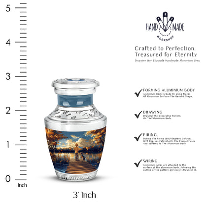 Pastel Blue Fishing Cremation Urn top-down view of secure threaded lid - modern art-inspired fishing motif on sleek aluminum - mini keepsake memorial for portion of cremation ashes