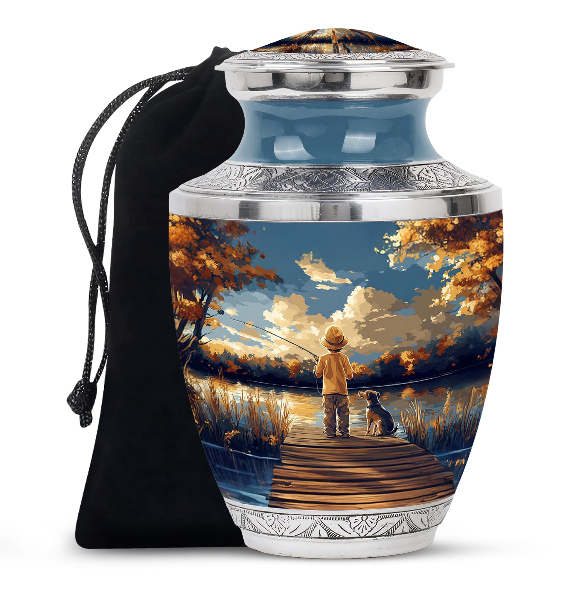 Twilight Blue Fishing Cremation Urn side profile showing urn shape - artistic fishing interpretation with creative detail - full-size 10 inch 200 cubic inch adult cremation urn