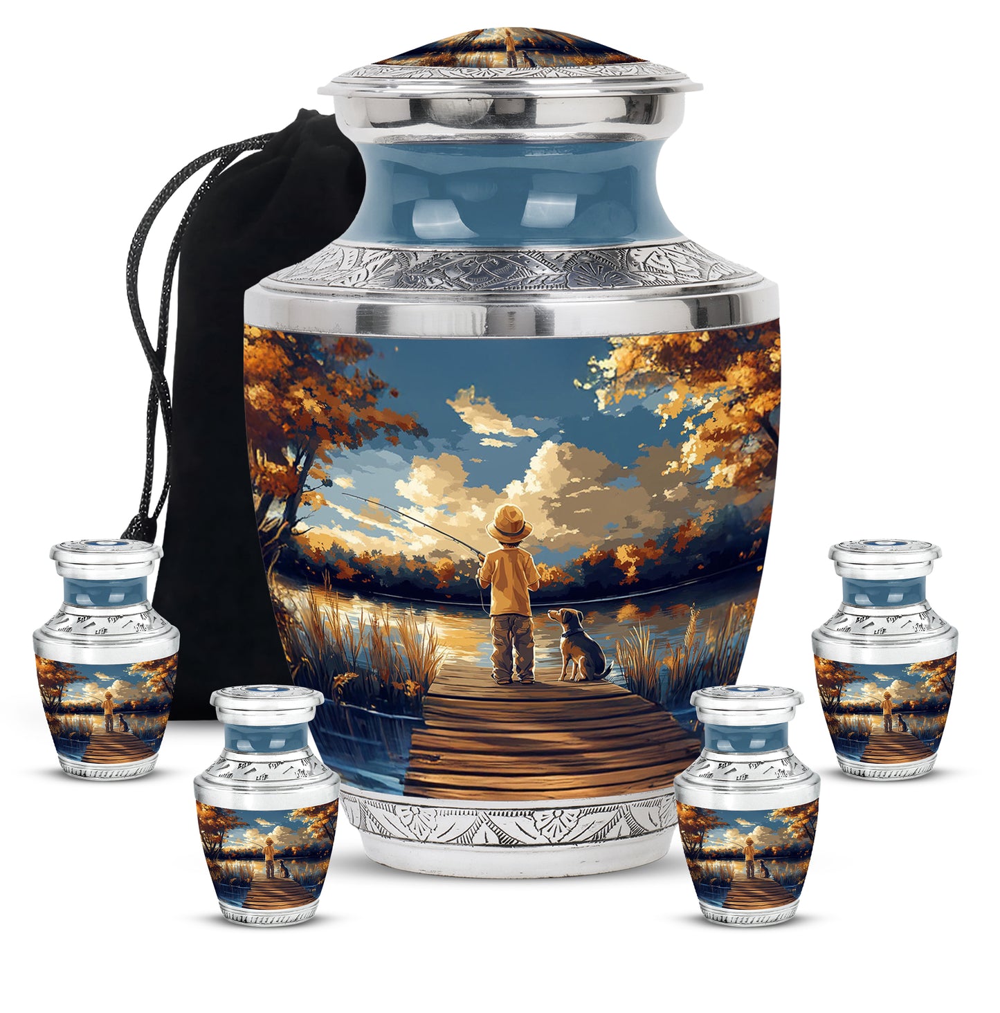Royal Blue Fishing Cremation Urn lifestyle display on memorial shelf - artistic fishing interpretation with creative detail - memorial set with one large and four small urns
