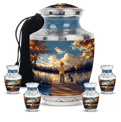 Royal Blue Fishing Cremation Urn lifestyle display on memorial shelf - artistic fishing interpretation with creative detail - memorial set with one large and four small urns