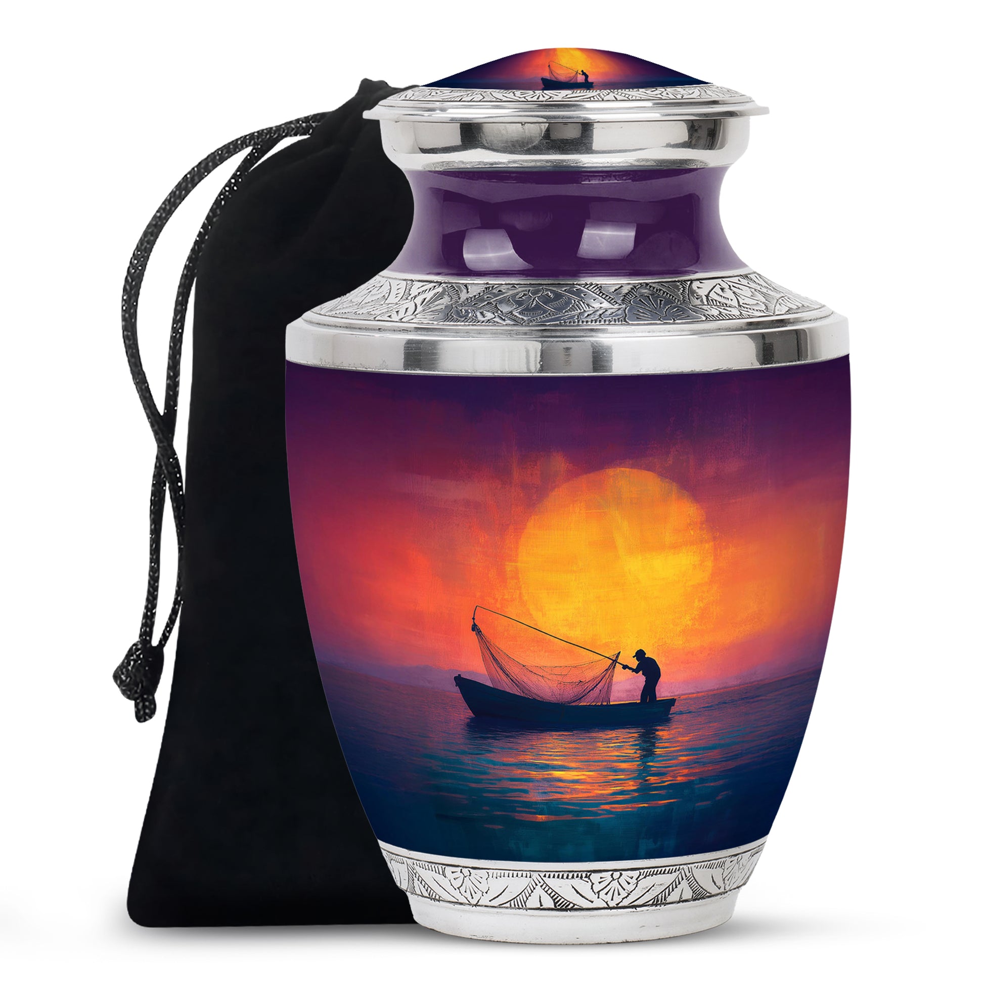 Soft Pink Fishing Cremation Urn side profile showing urn shape - artistic fishing interpretation with creative detail - full-size 10 inch 200 cubic inch adult cremation urn