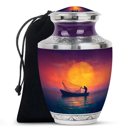 Soft Pink Fishing Cremation Urn side profile showing urn shape - artistic fishing interpretation with creative detail - full-size 10 inch 200 cubic inch adult cremation urn