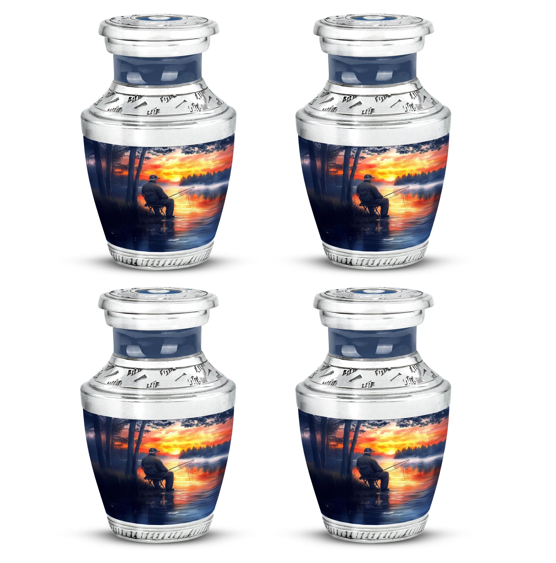 Misty Blue Fishing Cremation Urn back view with polished surface - modern art-inspired fishing motif on sleek aluminum - 10 inch aluminum urn for cremated remains