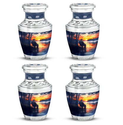 Misty Blue Fishing Cremation Urn back view with polished surface - modern art-inspired fishing motif on sleek aluminum - 10 inch aluminum urn for cremated remains