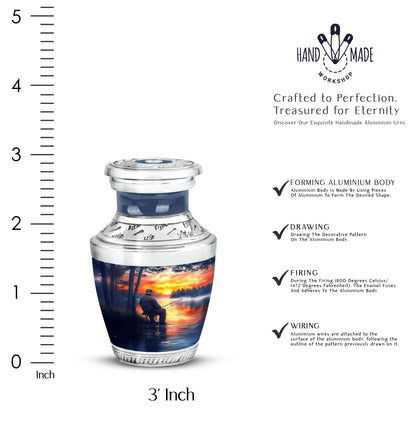Navy Blue Fishing Cremation Urn top-down view of secure threaded lid - contemporary fishing design with modern artistic flair - mini keepsake memorial for portion of cremation ashes