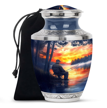 Slate Blue Fishing Cremation Urn side profile showing urn shape - modern art-inspired fishing motif on sleek aluminum - full-size 10 inch 200 cubic inch adult cremation urn