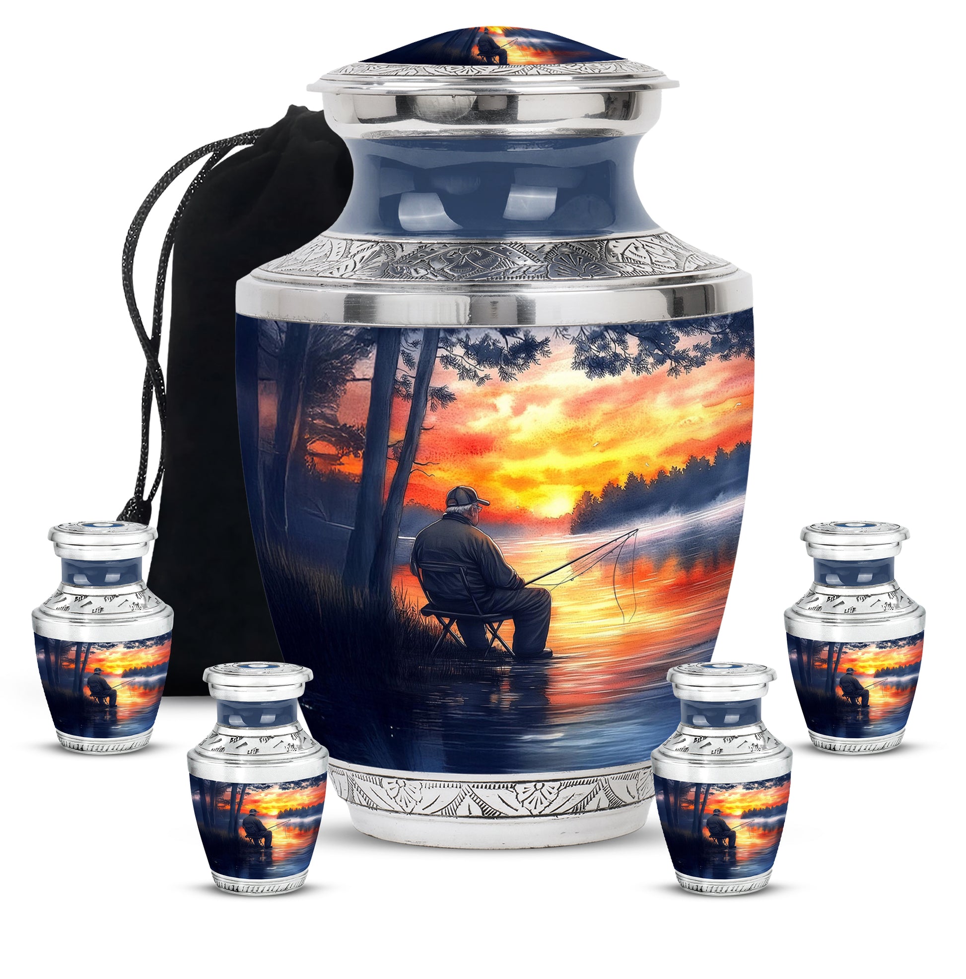 Sapphire Blue Fishing Cremation Urn lifestyle display on memorial shelf - artistic fishing interpretation with creative detail - memorial set with one large and four small urns