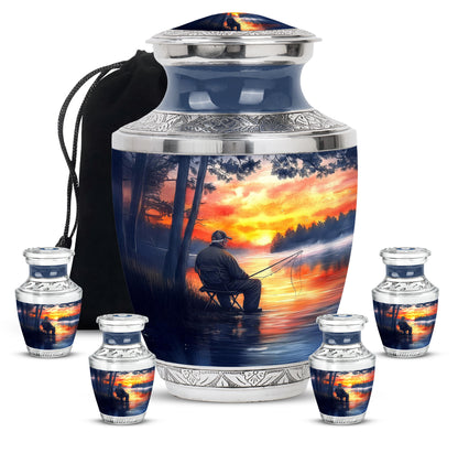 Sapphire Blue Fishing Cremation Urn lifestyle display on memorial shelf - artistic fishing interpretation with creative detail - memorial set with one large and four small urns