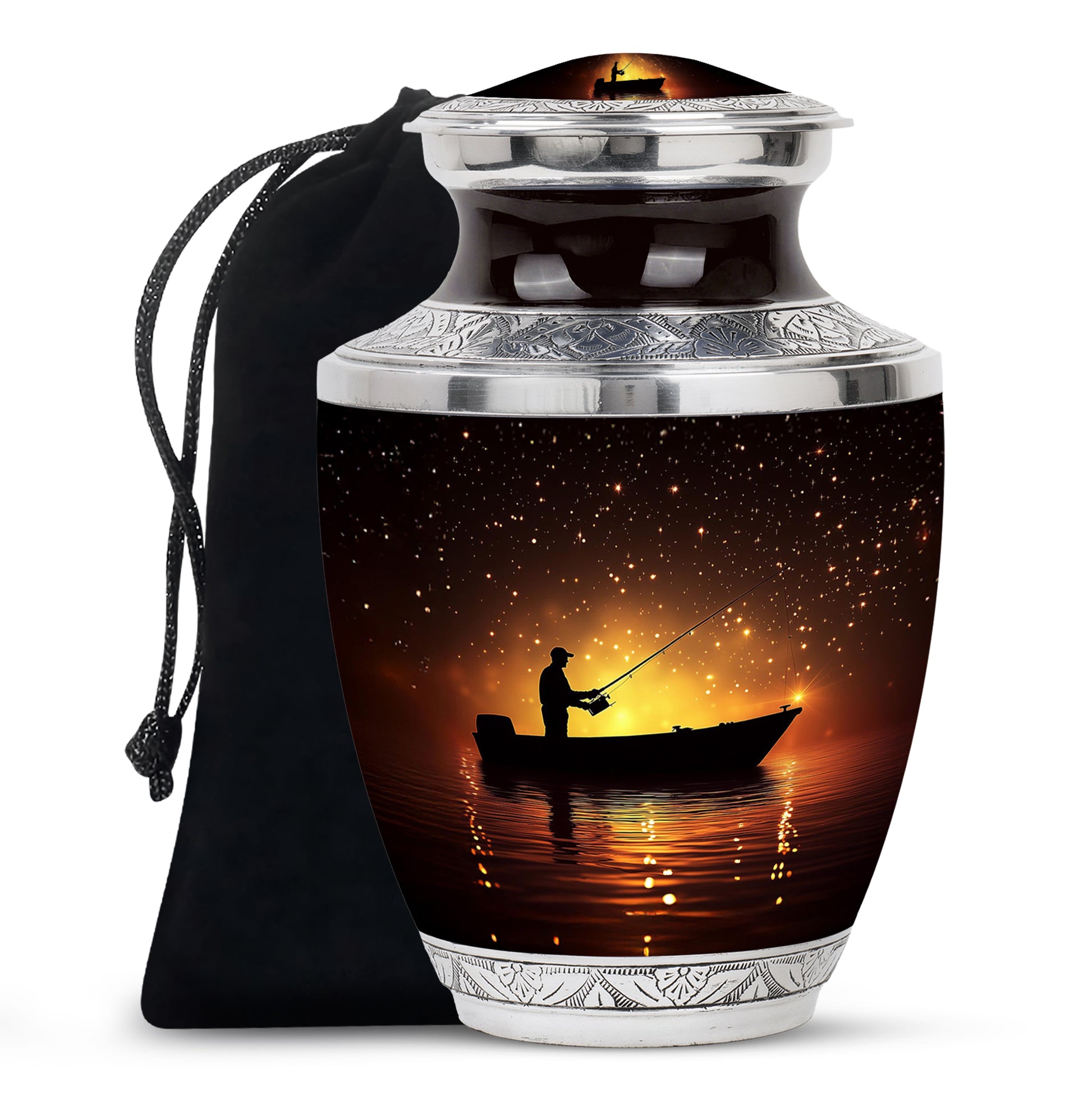 Burgundy Red Fishing Cremation Urn side profile showing urn shape - modern art-inspired fishing motif on sleek aluminum - full-size 10 inch 200 cubic inch adult cremation urn