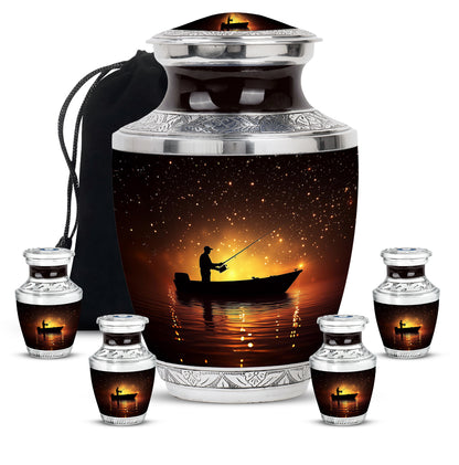 Burgundy Red Fishing Cremation Urn lifestyle display on memorial shelf - contemporary fishing design with modern artistic flair - memorial set with one large and four small urns