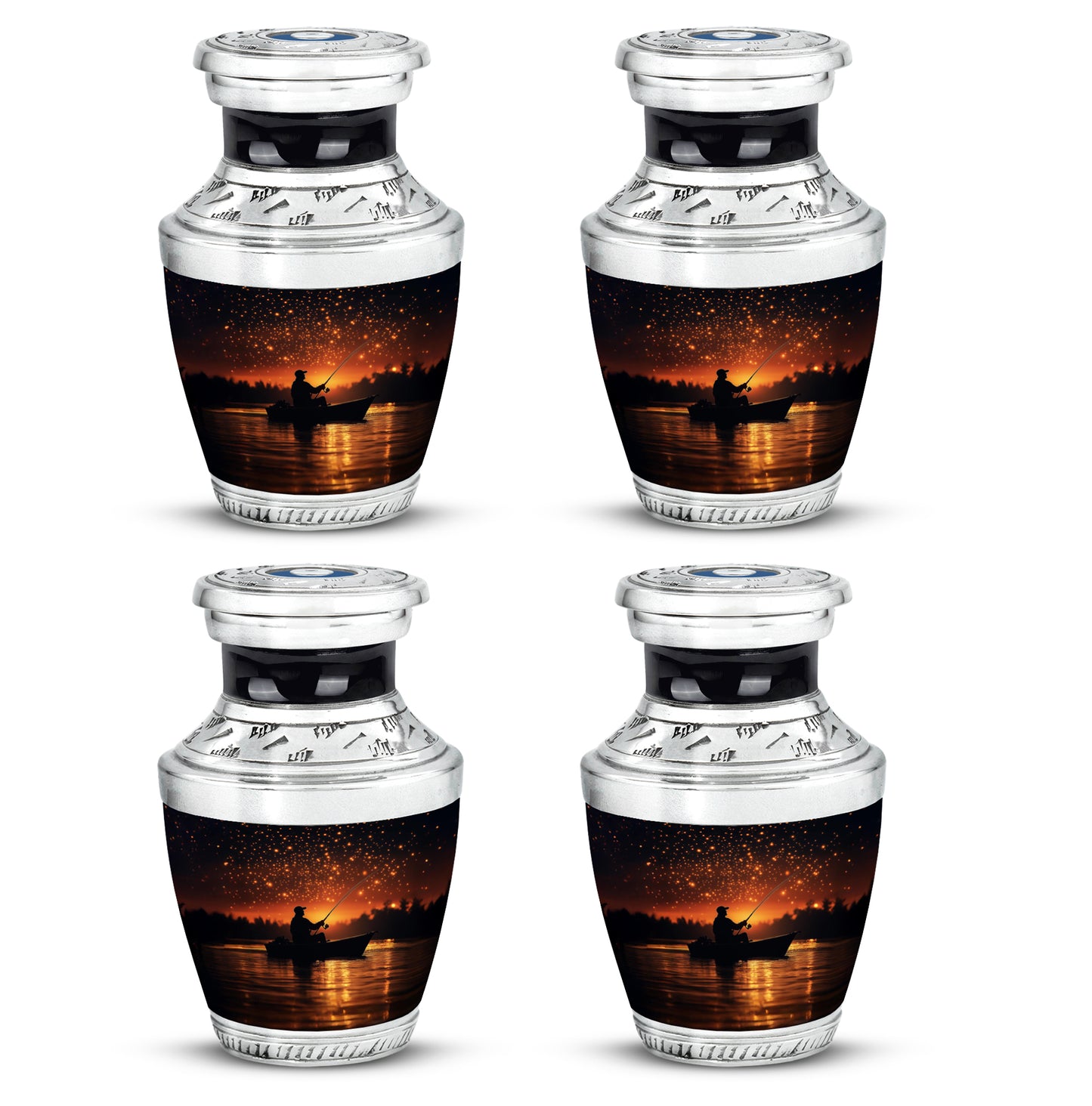 Jet Black Fishing Cremation Urn back view with polished surface - contemporary fishing design with modern artistic flair - 10 inch aluminum urn for cremated remains