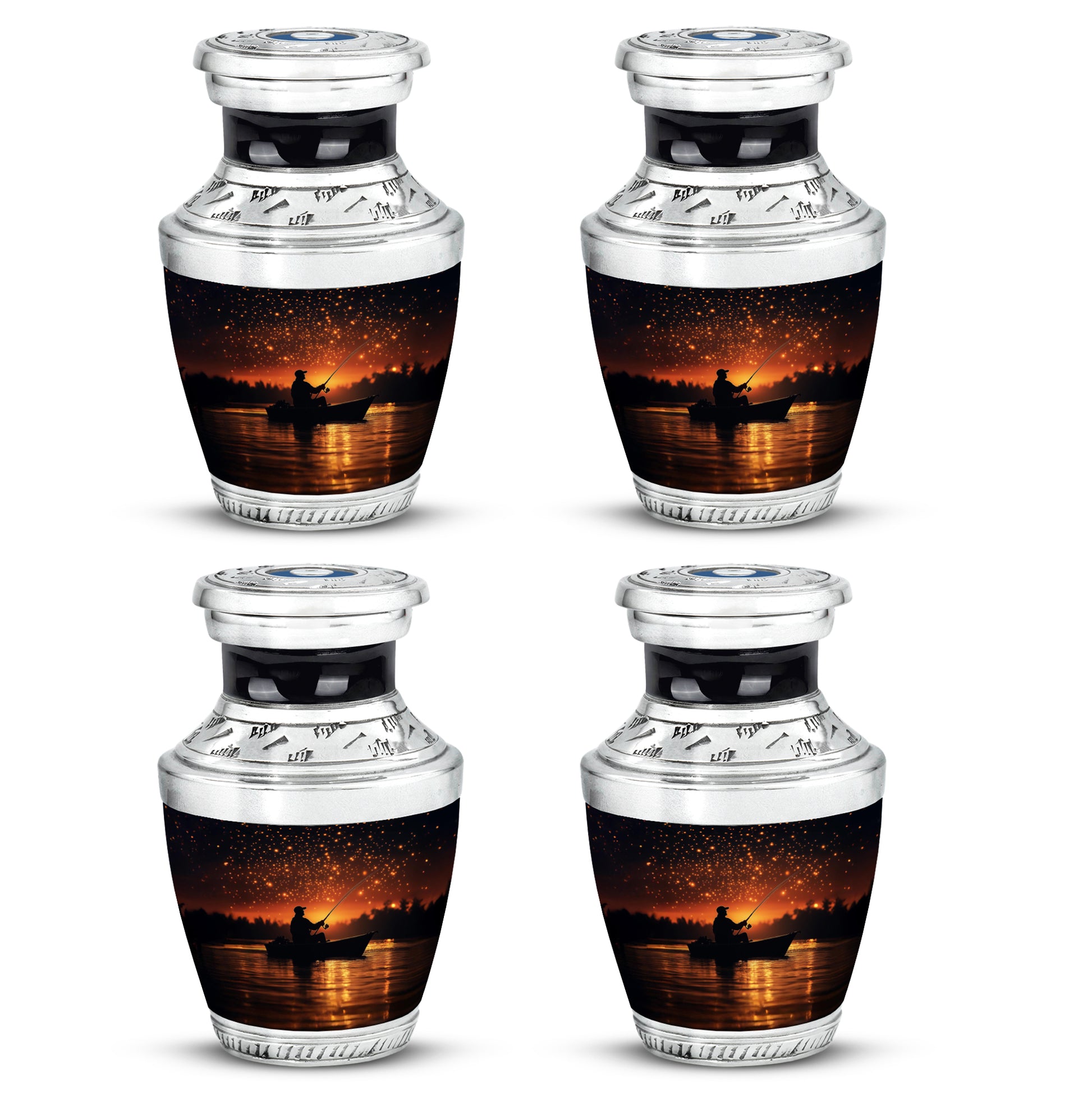 Jet Black Fishing Cremation Urn back view with polished surface - contemporary fishing design with modern artistic flair - 10 inch aluminum urn for cremated remains