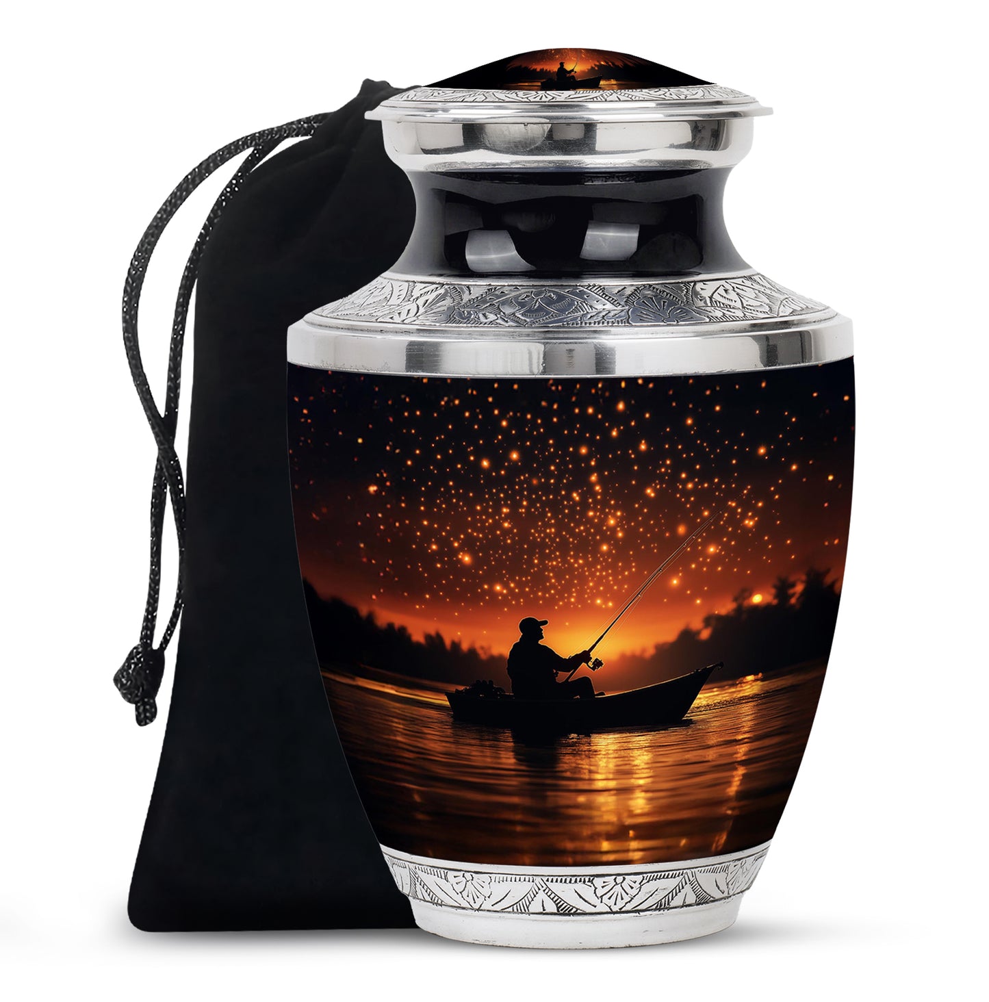 Deep Black Fishing Cremation Urn side profile showing urn shape - modern art-inspired fishing motif on sleek aluminum - full-size 10 inch 200 cubic inch adult cremation urn