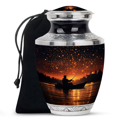 Deep Black Fishing Cremation Urn side profile showing urn shape - modern art-inspired fishing motif on sleek aluminum - full-size 10 inch 200 cubic inch adult cremation urn