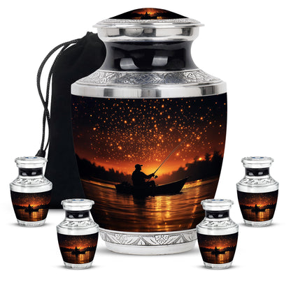 Rich Black Fishing Cremation Urn lifestyle display on memorial shelf - contemporary fishing design with modern artistic flair - memorial set with one large and four small urns