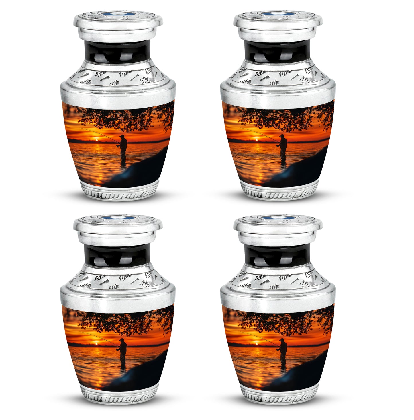Rich Black Fishing Cremation Urn back view with polished surface - modern art-inspired fishing motif on sleek aluminum - 10 inch aluminum urn for cremated remains