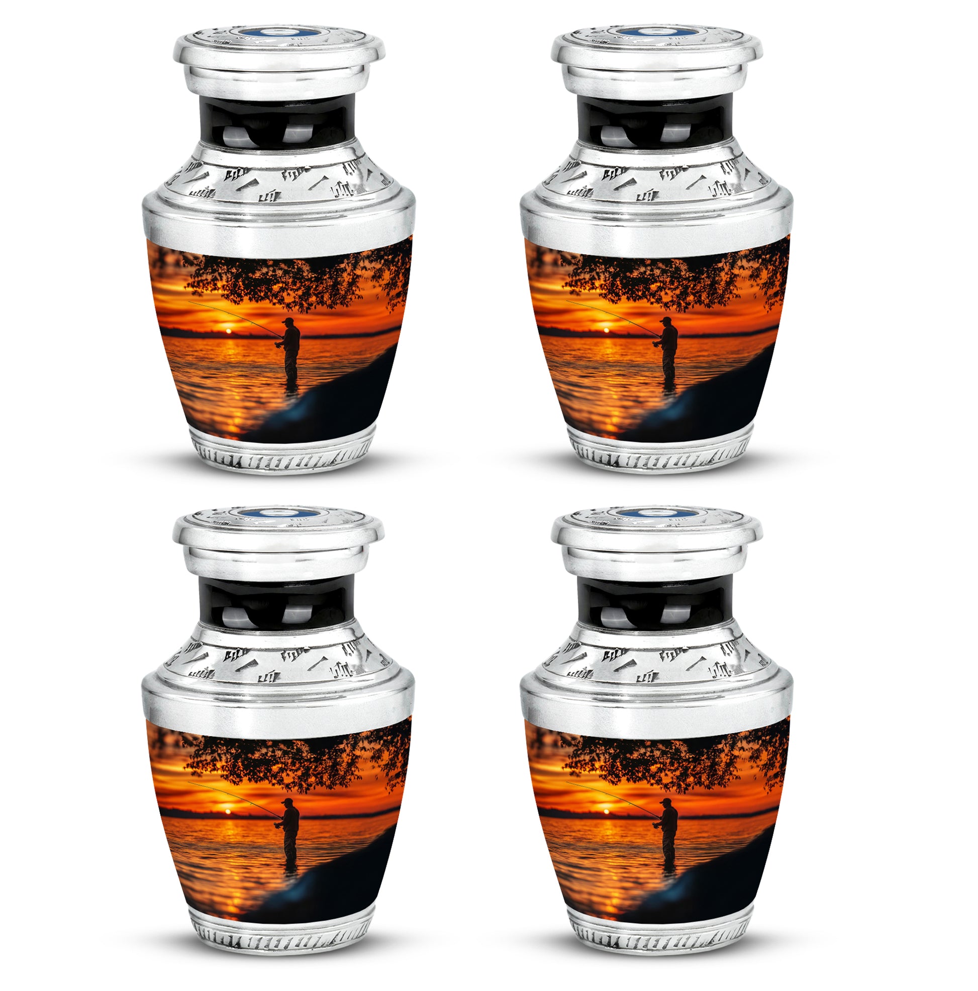 Rich Black Fishing Cremation Urn back view with polished surface - modern art-inspired fishing motif on sleek aluminum - 10 inch aluminum urn for cremated remains