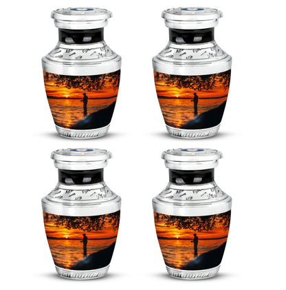 Rich Black Fishing Cremation Urn back view with polished surface - modern art-inspired fishing motif on sleek aluminum - 10 inch aluminum urn for cremated remains