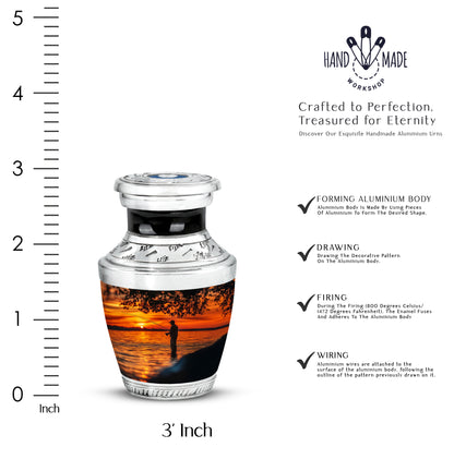 Midnight Black Fishing Cremation Urn top-down view of secure threaded lid - stylized abstract fishing pattern with bold lines - mini keepsake memorial for portion of cremation ashes