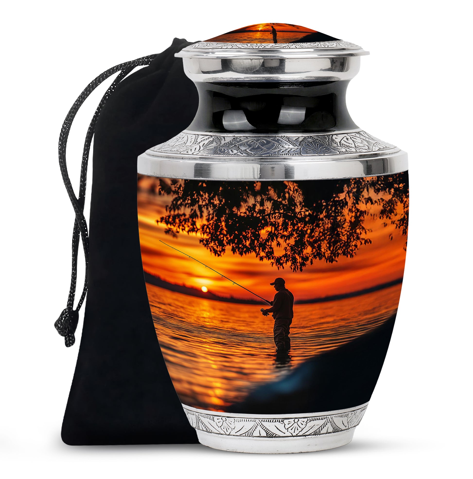 Jet Black Fishing Cremation Urn side profile showing urn shape - contemporary fishing design with modern artistic flair - full-size 10 inch 200 cubic inch adult cremation urn