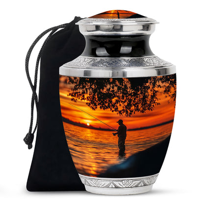 Jet Black Fishing Cremation Urn side profile showing urn shape - contemporary fishing design with modern artistic flair - full-size 10 inch 200 cubic inch adult cremation urn
