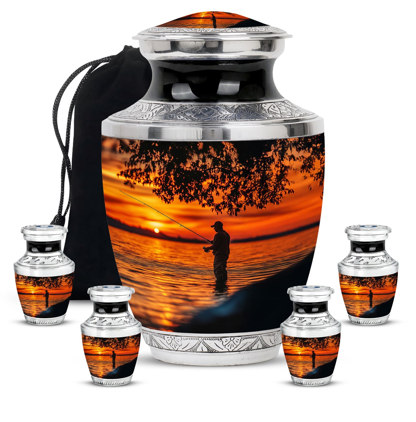 Ebony Fishing Cremation Urn lifestyle display on memorial shelf - modern art-inspired fishing motif on sleek aluminum - memorial set with one large and four small urns