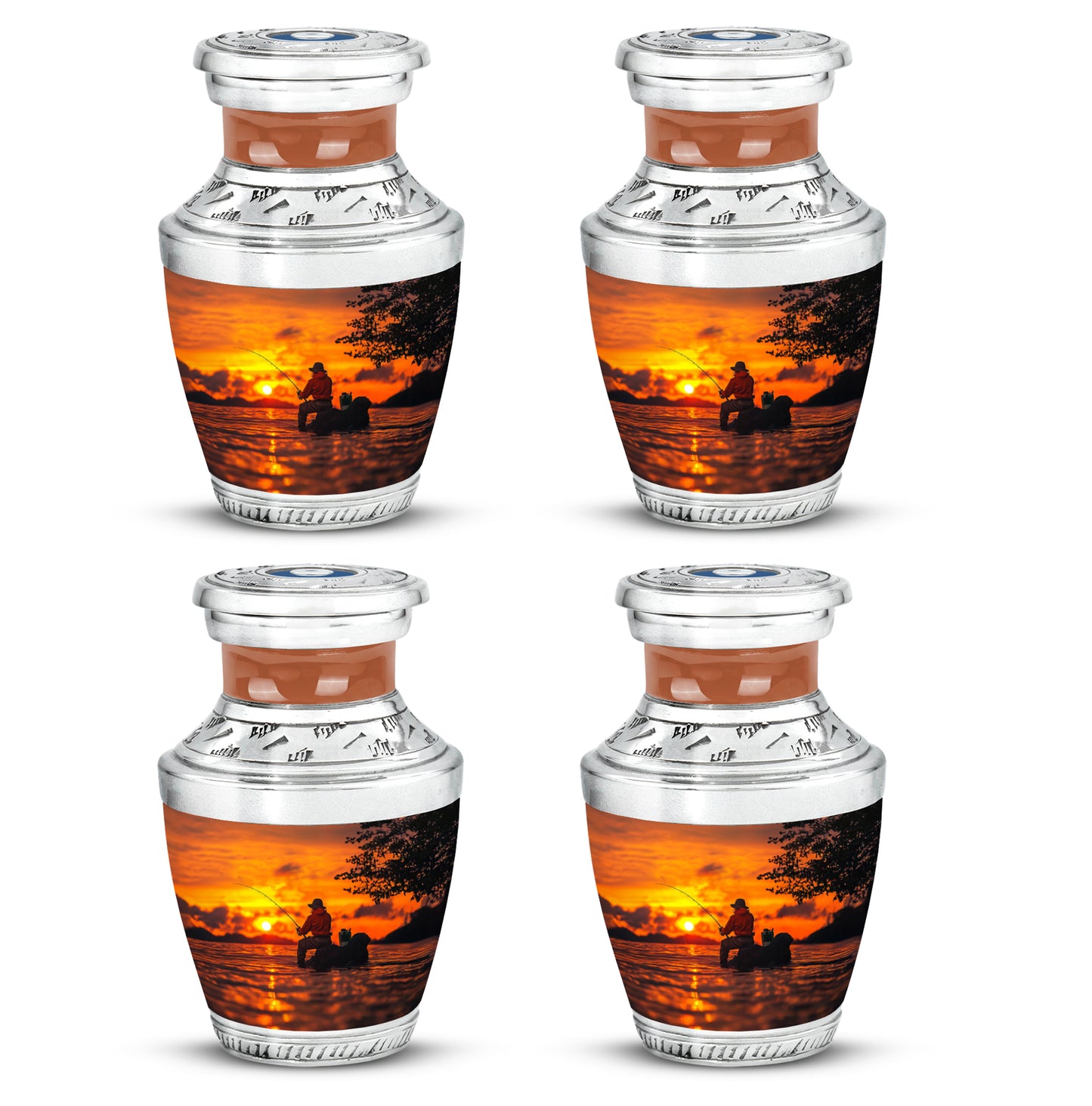 Royal Gold Fishing Cremation Urn back view with polished surface - stylized abstract fishing pattern with bold lines - 10 inch aluminum urn for cremated remains