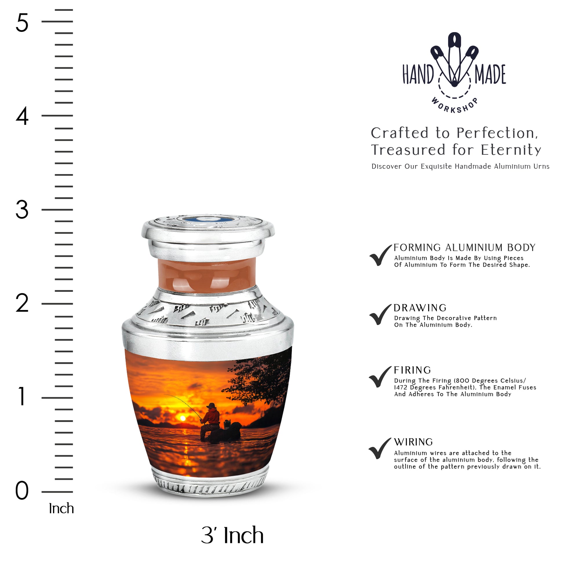 Amber Gold Fishing Cremation Urn top-down view of secure threaded lid - contemporary fishing design with modern artistic flair - mini keepsake memorial for portion of cremation ashes