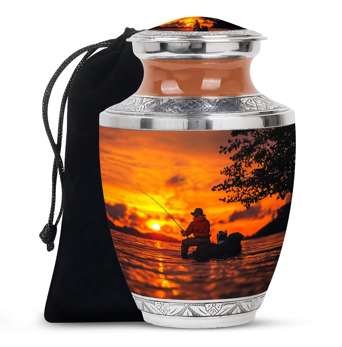Warm Gold Fishing Cremation Urn side profile showing urn shape - artistic fishing interpretation with creative detail - full-size 10 inch 200 cubic inch adult cremation urn