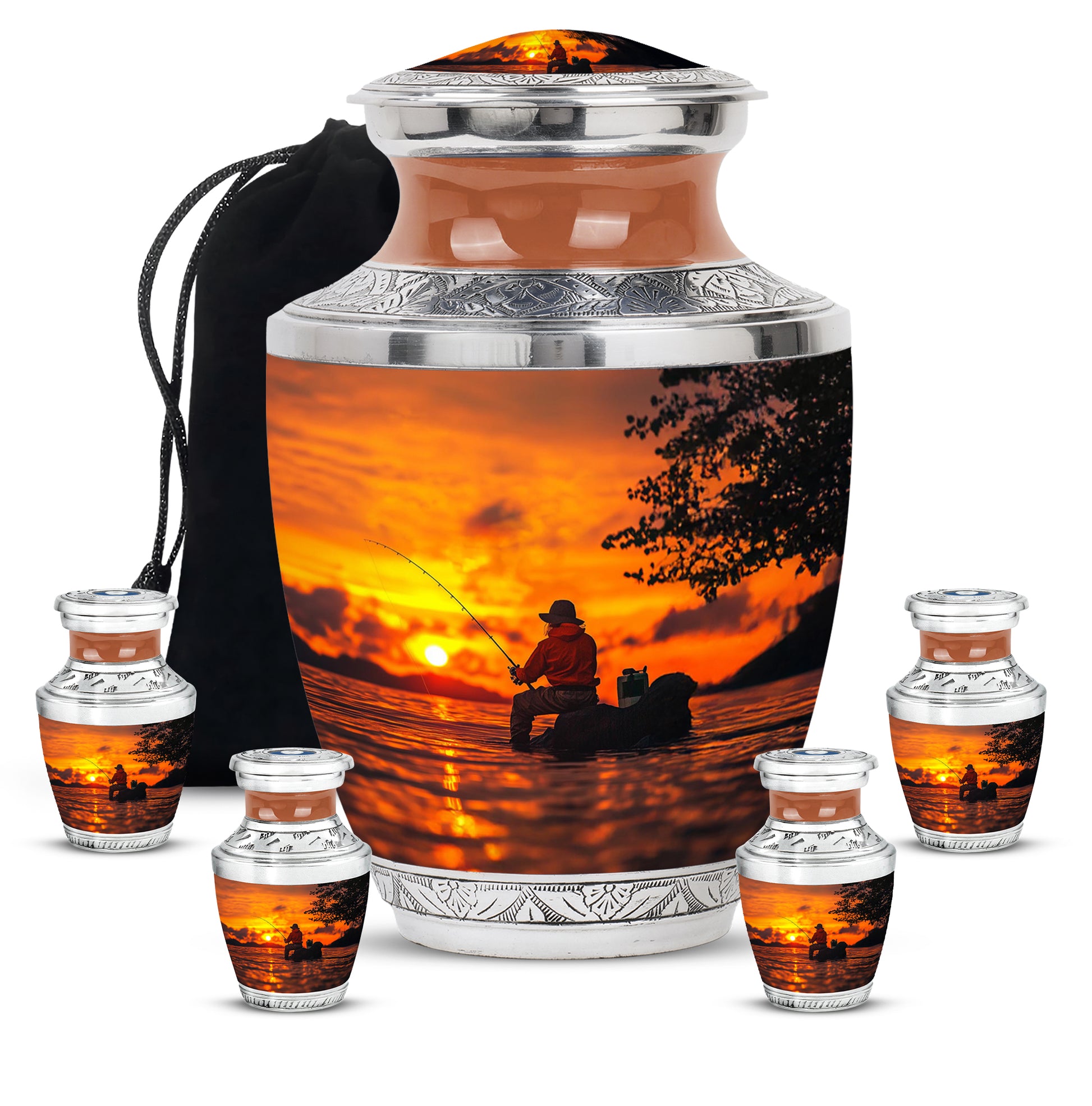 Amber Gold Fishing Cremation Urn lifestyle display on memorial shelf - contemporary fishing design with modern artistic flair - memorial set with one large and four small urns