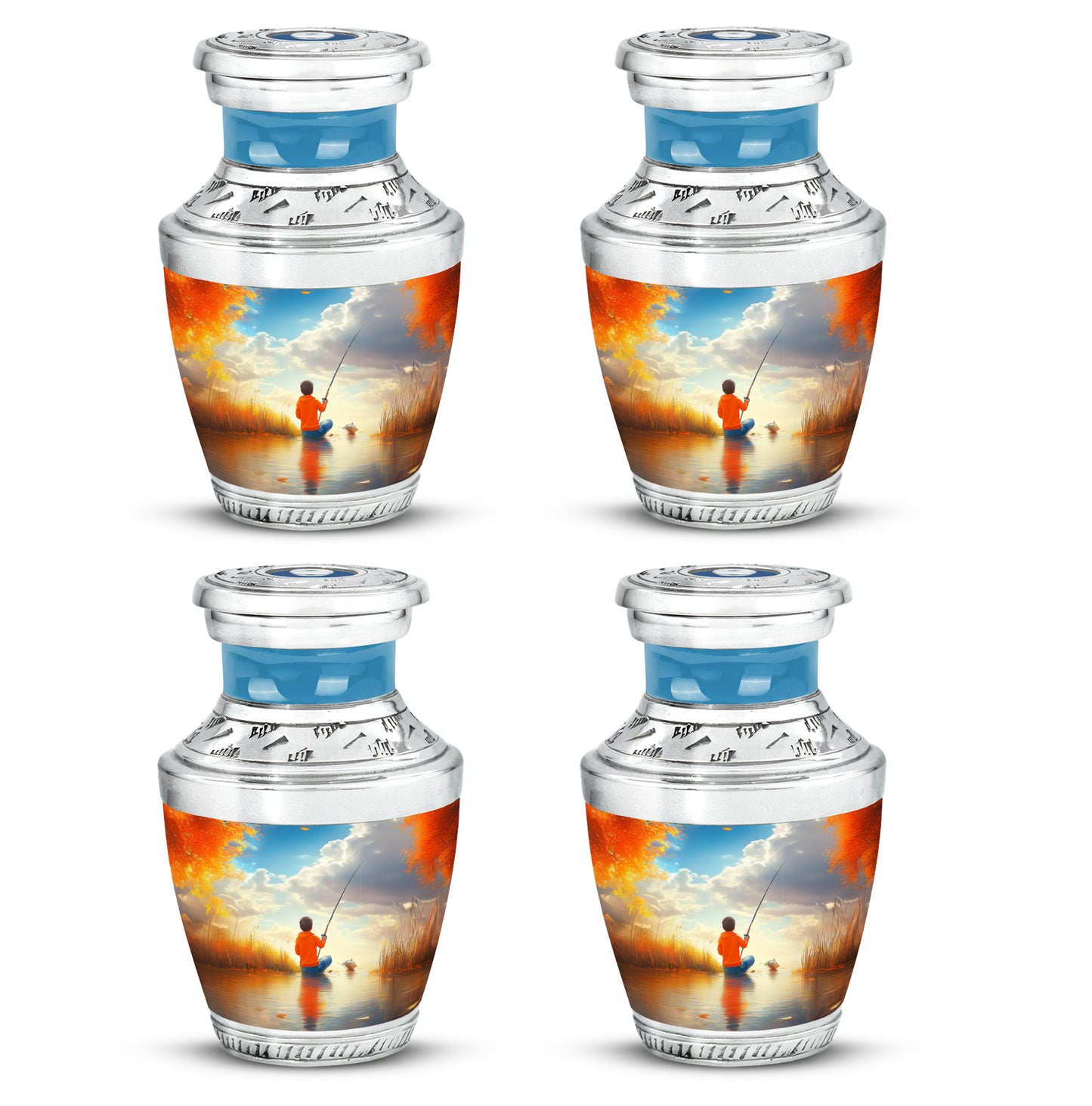 Jewel Teal Fishing Cremation Urn back view with polished surface - modern art-inspired fishing motif on sleek aluminum - 10 inch aluminum urn for cremated remains