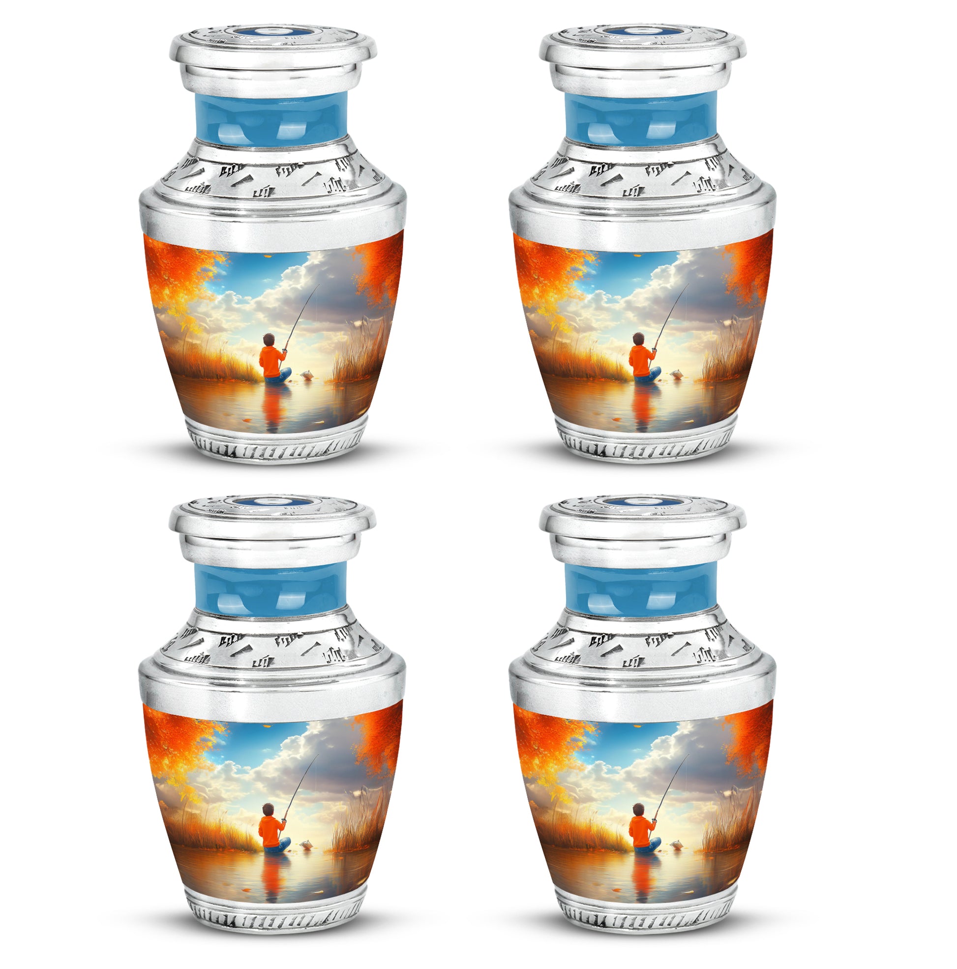 Jewel Teal Fishing Cremation Urn back view with polished surface - modern art-inspired fishing motif on sleek aluminum - 10 inch aluminum urn for cremated remains