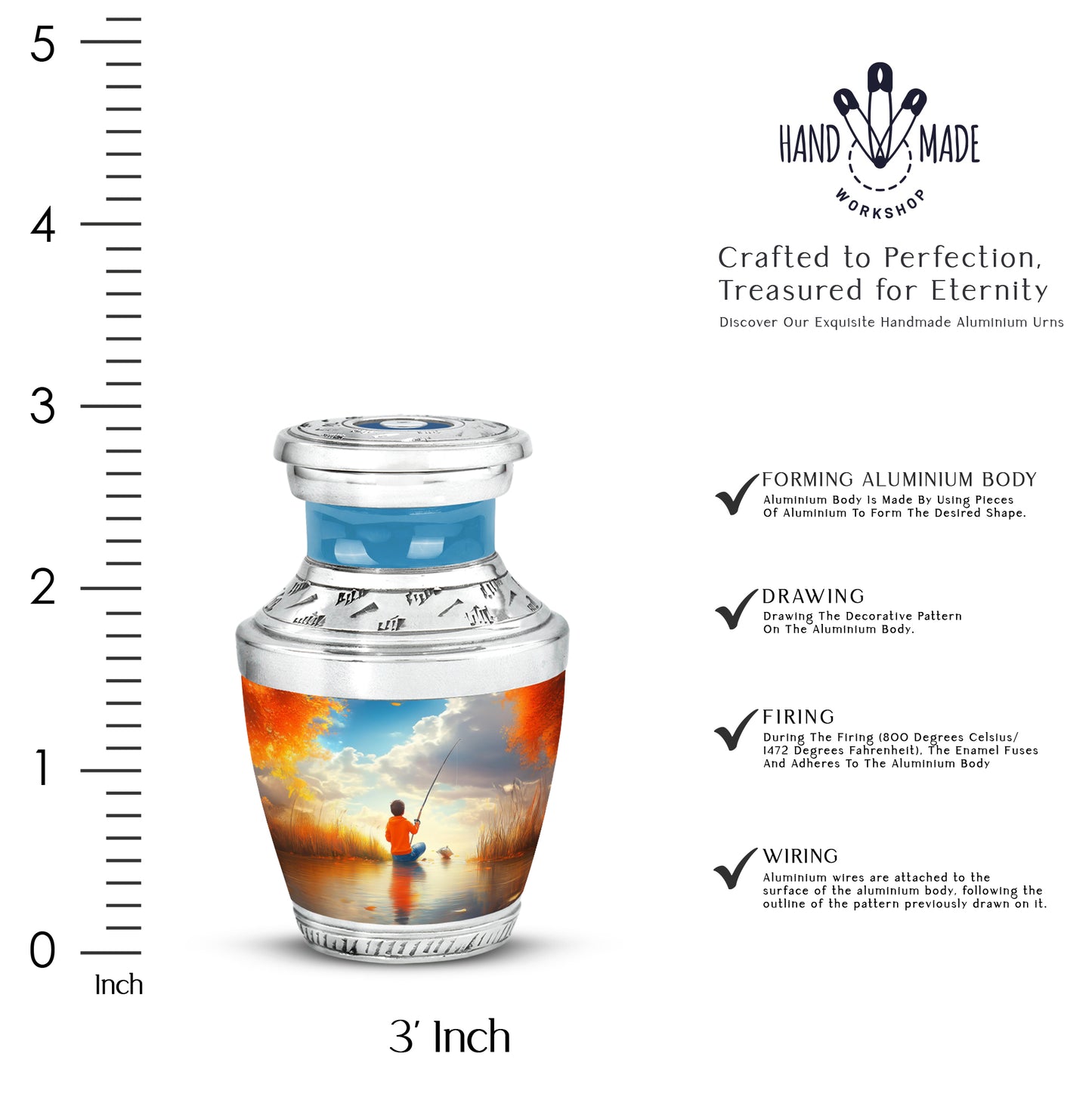 Soft Teal Fishing Cremation Urn top-down view of secure threaded lid - modern art-inspired fishing motif on sleek aluminum - mini keepsake memorial for portion of cremation ashes